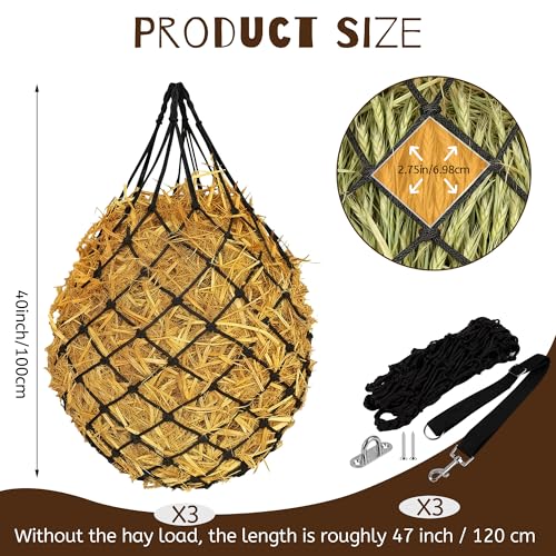 3 Pcs 47" Hay Nets for Horses with Straps & Hooks | Slow Feed Hay Bags for Horses, Hanging Hay Net Feeder, Heavy Duty, For Stall, Fence, Trailer, Goats & Sheep
