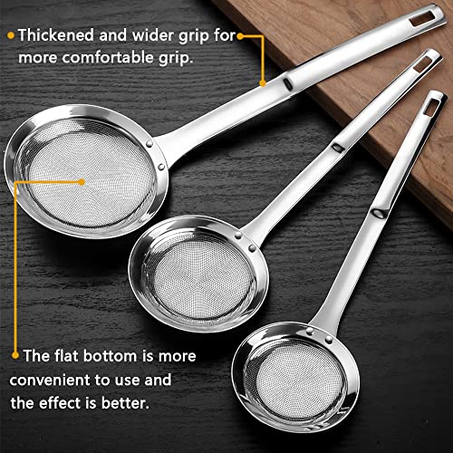 3Pack Sieve Fine Mesh Strainer Set Stainless Steel Metal Flat Cooking Skimmer Ladle Colander With Handle Food Strainer Kitchen Tools For Kitchen Baking Oil Filter Flour Sifter Foam,L M Small