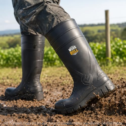 Men's Steel Toe Rain Boots, Waterproof Knee High Work Boots | Slip & oil resistant outsole for construction, farm and industrial work. - color: Black, size: 11