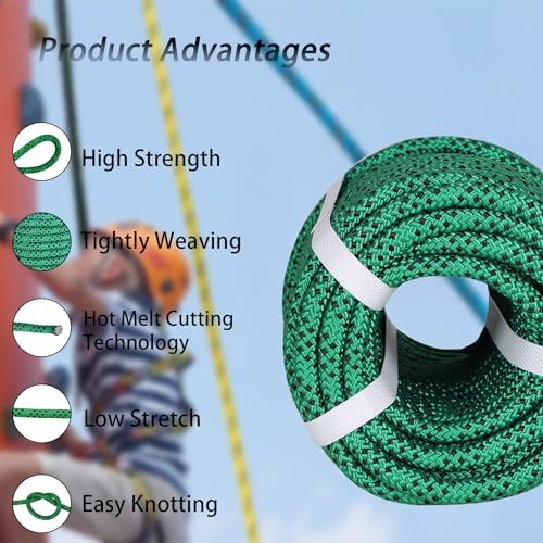 Premium Polyester Braid Rope, 3/8IN 100FT, 3520 lb High Strength Arborist Bull Rope, Multi Purpose Strong Pulling Rope, for Gardening, Camping and Swing (Green and Black)