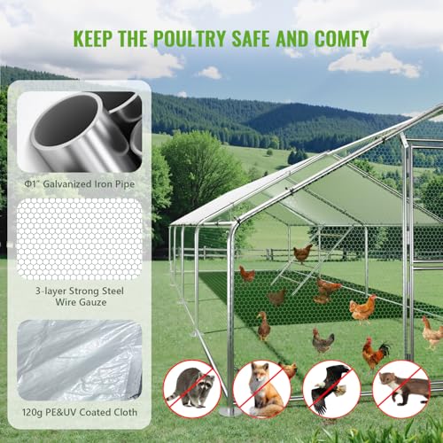 Large Metal Chicken Coop Runs for Yard with Cover, 10x26x6.5 | Perch Bars, Split Doors, Waterproof Covers, Mesh Wire - size: 315.0"L x 118.1"W x 78.7"H