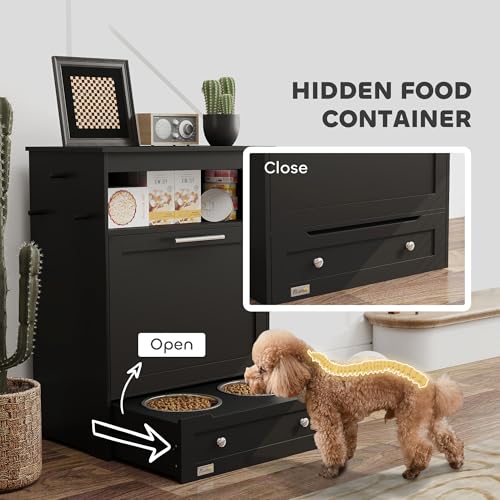 PawHut Dog Feeding Station with Raised Bowls, Pet Feeder Station, Black | Dog Food Storage Cabinet, Hanger for Feeding & Watering Supplies - color: Black