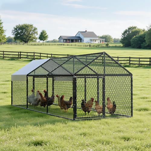 VEVOR Metal Chicken Coop for 6-8 Chickens, 3.3 x 9.8 x 3.3 ft, Small Chicken Cage with Waterproof Cover & 3 Doors, Spire Roof Poultry Run Compatible with Wooden Coops, for Rabbit Hen Goose Duck