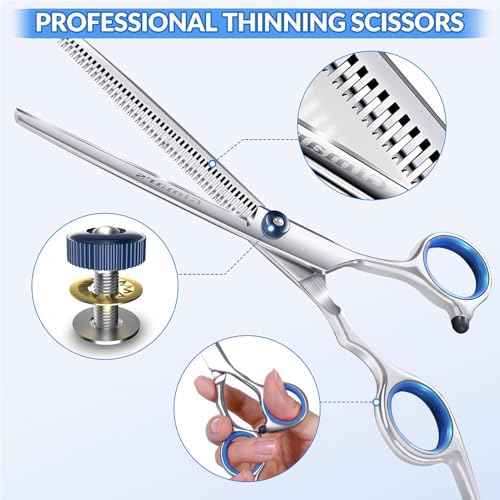 Gimars Professional 5 in 1 Grooming Scissors for Dogs 4CR with Safety Round Tip, Heavy Duty Titanium Coated Straight & Thinning & Curved Shears - style: Professional Blue 5 in 1