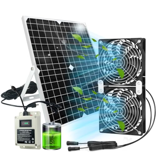 Solar Fan for Chicken Coop with Battery 25W Solar Panel Powered Exhaust Fans with 13ft On/Off Switch Cable for Greenhouse, Sheds, Pet Houses, Ventilation, Outside, Greenhouse Air Circulation Garages - color: 5000mA Battery