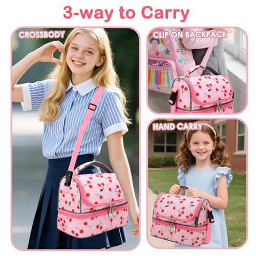 FlowFly Kids Double Decker Cooler Insulated Lunch Bag Large Tote for Boys, Girls, Men, Women, With Adjustable Strap, Cherry - color: Cherry