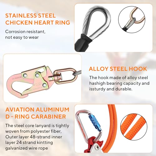 12ft Steel Wire Core Flipline, 3300Lbs Arborist Positioning Lanyard Kit | 1/2" Tree Climbing Gear with Triple Lock Carabiner, Steel Swivel Snap & Rope Grab for Tree Climbing Fall Protection - size: 1/2’’ x 12 ft