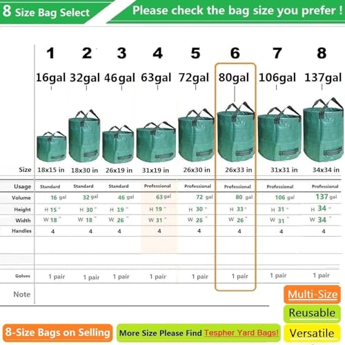 Professional 3-Pack 80 Gallon Lawn Garden Bags (D26, H33 inch) Reusable Yard Waste Bags with Gardening Gloves for Leaf Bag,Garden Pruning,Yard Debris Container,Lawn Grass Clippings,Weeds Bag 4 Handles