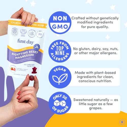 FIRST DAY Kids Magnesium Gummies, Citrate + L-Theanine, No Melatonin, 60 Ct | Strawberry citrate magnesium gummies for kids with Suntheanine® L-theanine; melatonin-free calm and bedtime support for kids - size: 60 Count (Pack of 1)