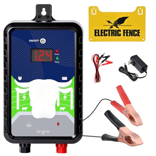 12KV DC AC Powered Electric Fence Charger, 15 Miles 4 Joules Pulse | Waterproof EF-03 Fence Kit for Livestock & Farm, Includes Warning Signs, LED Indicator, for Animals Poultry Ranches Gardens - color: Blue