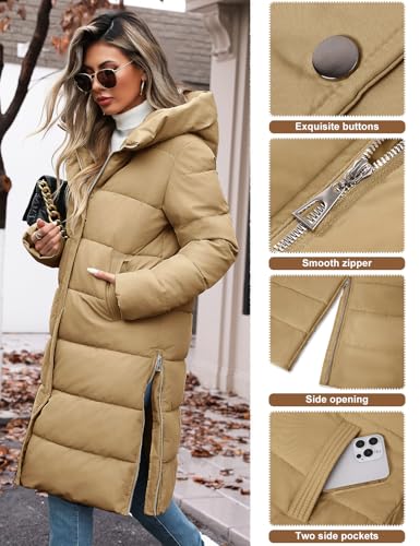 Winter Coats for Women-Puffer Jacket Hooded Warm Winter Long Coat Thickened Down Alternative Jacket Outwear - color: Khaki, size: Medium