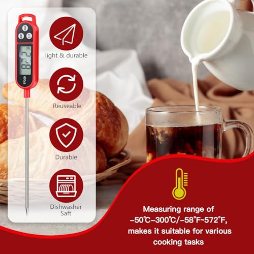 Copkim 6 Pcs Food Thermometer Instant Read Probe BBQ,Red | Waterproof Stainless Probe, Accurate Temperature Reading, Meat Grilling Baking Water Milk Yogurt Cooking Kitchen BBQ - color: Red