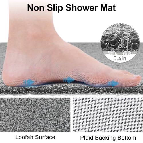 Shower Mat Non Slip, 47" x 32" Extra Large Soft Loofah Shower Mats for Inside Shower with Center Drain Hole, Anti Slip Shower Floor Mat for Elderly, Quick Drying, Grey - size: 47" x 32" (Rectangular)