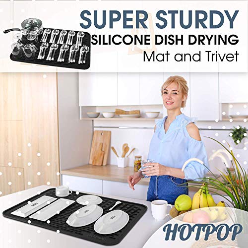 HOTPOP Medium (16x12 Inches) Super Sturdy Silicone Dish Drying Mat and Trivet, Dishwasher Safe, Heat Resistant, Eco-conscious (Black) - style: (16"x12"), Black