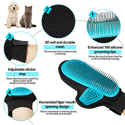 2025 Pet Grooming Glove with Tipped Pin Brush,Special Design Deshedding Glove, Perfect Petting Tool for Sensitive Dogs & Cats with Long & Medium Fur, Massage Mitt - Right-Hand - Blue