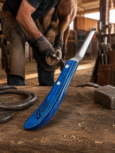 Left-Hand Curved Blade Farrier Hoof Knife, J2 420 Magnetic Stainless Steel Blade, Ergonomic Blue Handle, Horse Hoof Trimming Tool for Sole & Frog Paring - style: Left-Handed