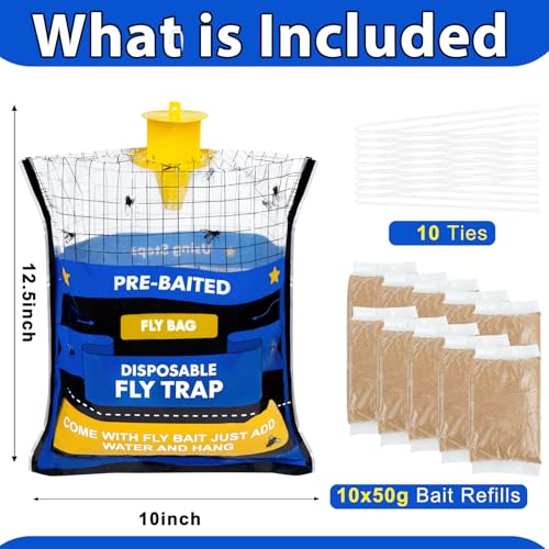 Large 10 Pack Pre-Baited Fly Traps Outdoor Fly Trap for Patio Farm Ranch | 50g Dissolvable Bait Fly Hunter for Flying Insects, Weatherproof Outdoor Fly Bags, Fly Catcher for Chicken Coop Barn - size: 10 Packs