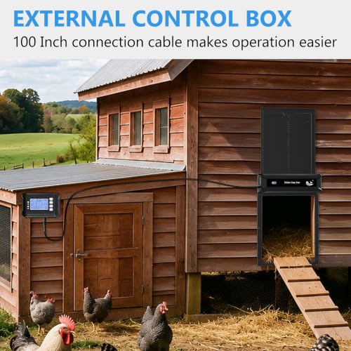 Automatic Chicken Coop Door with External Control Box，Coop Door with 118-inch-long Connection Cable & 5000mAh Battery, Anti-Pinch Auto coop Door, Weatherproof for Backyard Chicken Coop