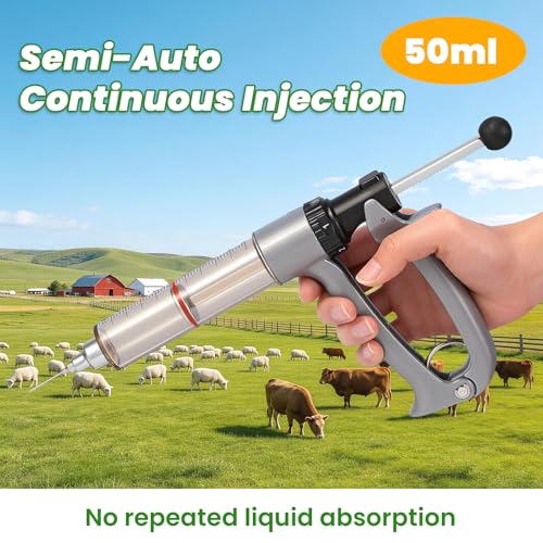 NEWTRY 50ML Continuous Livestock Syringe Adjustable Poultry with 10 Needles | Semi Automatic Syringe Adjustable Poultry Gun Stainless Steel with 10 Needles for Horse Sheep Cattle - size: 50ML
