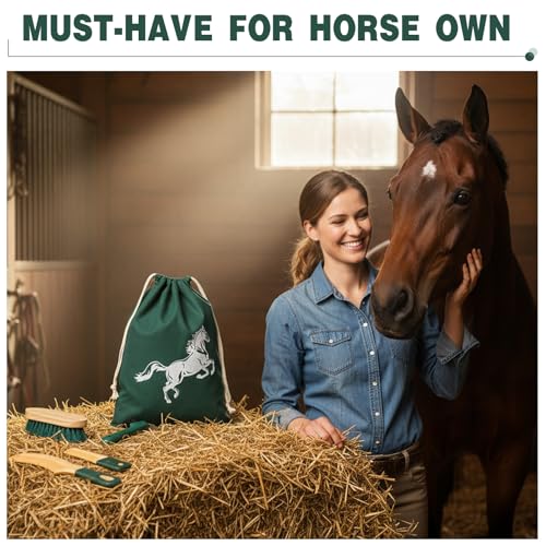 Abbylike 12 Pieces Horse Grooming Kit Racing Festival Tack Room Supplies Horse Brush Sets Equine Care Cleaning Kit Shedding Grooming Massaging Tools (Khaki and Green) - color: Khaki and Green