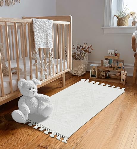 COTTON CRAFT Woven Area Rug - 2 Pack White Jacquard Dhurrie with Fringe | Boho Farmhouse Rustic Textured Cotton Throw Rug - Washable Accent Mat for Bedroom Living Room Entryway Nursery - 20x32 - color: White - 2 Pack, size: 1'8" x 2'8" (Rectangular)