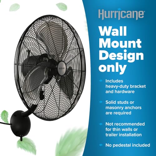 Hurricane Pro High Velocity Oscillating Wall Fan, 3 Speeds, Black, 20in | Metal - Wall Mount Corded Electric Air Cooling Unit w/ Powerful 4500 CFM Airflow for Home, Garage, Gym, Workshop & Greenhouse - style: 20" Pro Series