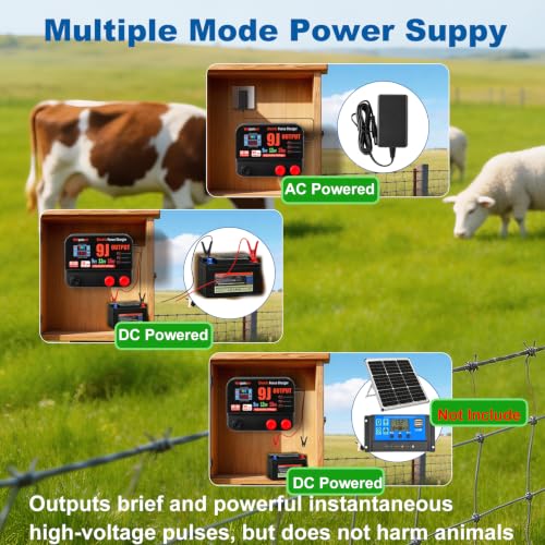 10 Joule Electric Fence Charger, Adjustable 9KV/12KV/15KV Output Voltage | 10 Joule Stored / 9 Joule Output Electric Fence Energizer, Range 12 Miles, 12V DC/100-240V AC Dual Power with Alarm