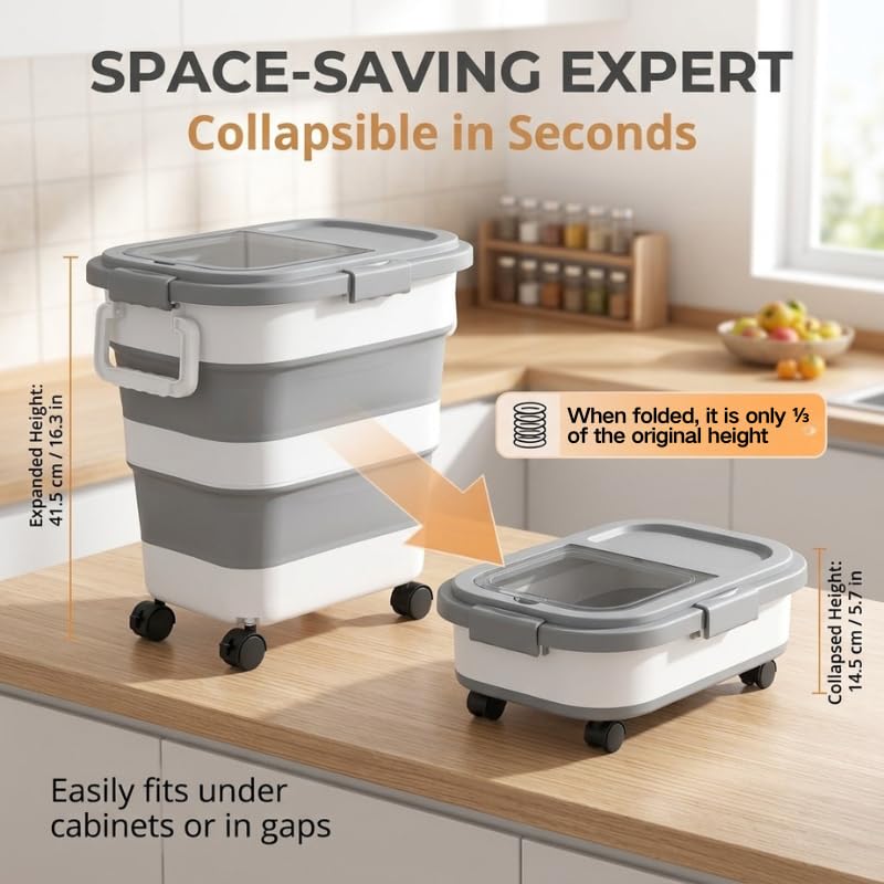 Collapsible Pet Food Storage Container, Airtight Dry Kibble Container with Detachable Wheels and Handle Storage Bin, Foldable Dog Cat Food Holder for Pantry Organization, 22-24 lbs