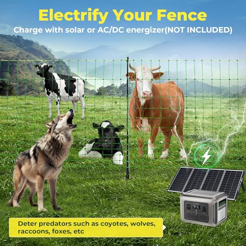 Electric Fence Netting, 164'L x 49.6" H, for Livestock, Goat, Cattle, Sheep | Portable Electric Fence, PE Net Fencing Kit for Backyards, Ranches, Farms, Patio, Goat Fencing with 14 Posts Double Spiked