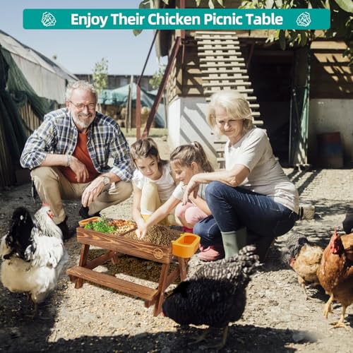 Chicken Picnic Table, Chicken Feeder No Waste Handmade Carbonized Wooden, Large DIY Chicken Feeder Kit, Wild Bird, Duck & Squirrel Feeders, Mesh Bottom Keep Food Fresh and Dry Easy to Clean and Fill