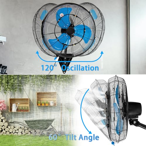 20 Inch Wall Mount Fan with Mist, Powerful Airflow Oscillating Fans | Max 7100CFM Heavy Duty Industrial Wall Mounted Fan with 17.5FT Misting Hose for Garage, Factory, Patio, Greenhouse, Porch