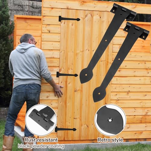2 Pack 15 Inch Heavy-Duty T-Shape Strap Hinge with Screw Black Powder Coated Wrought Iron Spade Tip Strap Door Gate Hinges for Shed Barn Fence Blind Shutter Wood Frame Doors (Classic Style)