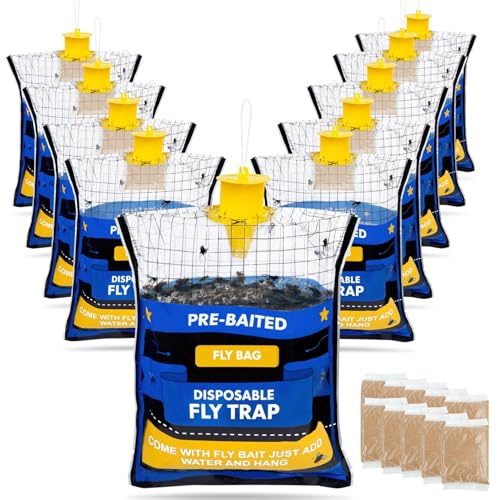 Large 10 Pack Pre-Baited Fly Traps Outdoor Fly Trap for Patio Farm Ranch | 50g Dissolvable Bait Fly Hunter for Flying Insects, Weatherproof Outdoor Fly Bags, Fly Catcher for Chicken Coop Barn - size: 10 Packs