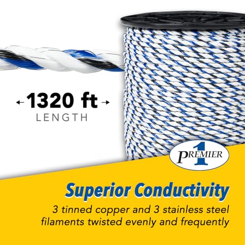 Premier 1 IntelliRope® Blue Electric Fence Rope – 6mm, 1320 ft | 3 tinned copper + 3 SS filaments. Blue filaments visible to animals. For horses, cattle & sheep. - size: 1320' Spool