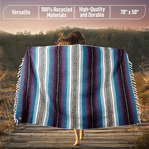 Hydration Nation Authentic Extra Large Mexican Blanket (70"x50") - Handwoven Yoga, Serape- Artisanal Falsa, Beach, Camping, Picnic, Outdoor - Purple Haze - color: Purple Haze