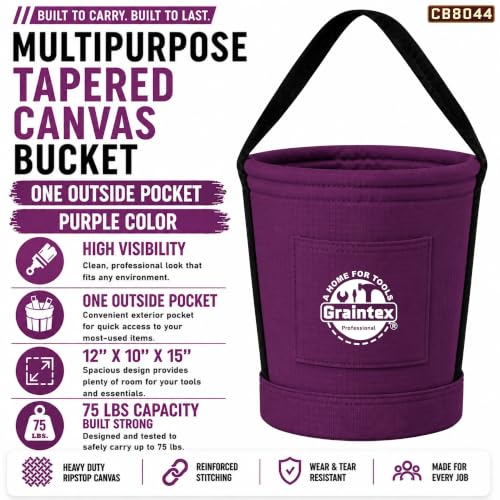 Graintex Tapered Canvas Bucket 12"x10"x15", Utility Tool Bucket One Inside Pocket, Reinforced Base & Carry Handle, Ripstop Canvas - Purple - color: Purple