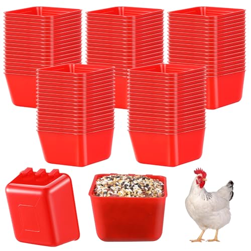 50 Pcs Cage Cups Chicken Feeder Cups 16 oz Hanging Bird Food Water Bowl Bunny Cage Feeding Dish for Pet Parrot Rooster Parakeet Poultry Pigeon(Red) - color: Red