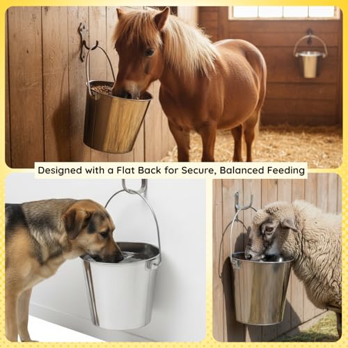 9 quart Stainless Steel Flat Side Bucket | 2.25 gal Durable Heavy Duty Food & Water Feeding Pails for Dog Goat Sheep horse | Fits kennel Cage Critter Crate Hanging Pet Pail | Multipurpose - size: 9 Quarts