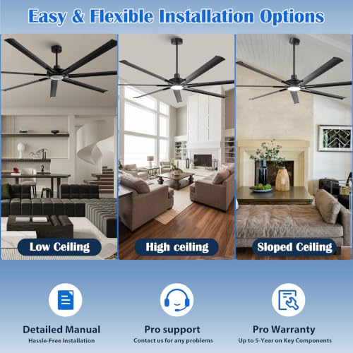 100" HVLS Ceiling Fan with Light/Remote, Large Rooms, DC Motor | High-Volume Air Circulation Large Open-Space 24W 3CCT Dimmable LED Aluminum Blades Reversible High Ceiling - color: Black, size: 100-inch