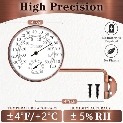 4-Inch Long Arm Brass Outdoor Thermometer & Humidity Gauge | Weatherproof Battery-Free Analog Hygrometer, °F/°C Dual Scale, Adjustable Swivel Bracket for Patio, Window & Greenhouse - size: 4inch with longer arm