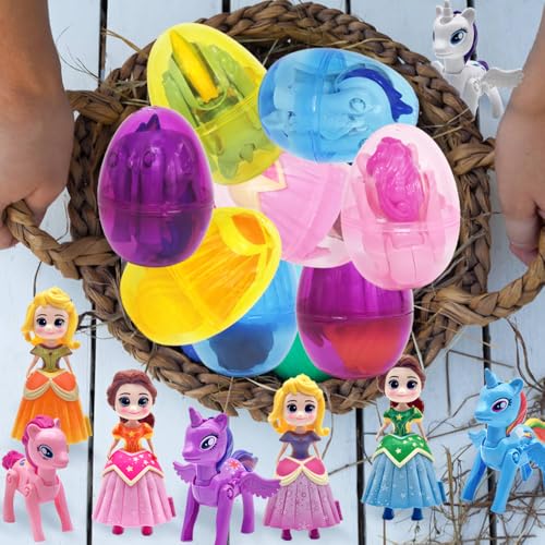FUNKY WIZARD 8 Pack Easter Jumbo Princess Deformation Prefilled Easter Eggs with Toys, Easter Party Favors Gift for Girls for Kids, Easter Basket Stuffers Fillers, Classroom Prize (Pricess+ Horse) - style: pricess+horse