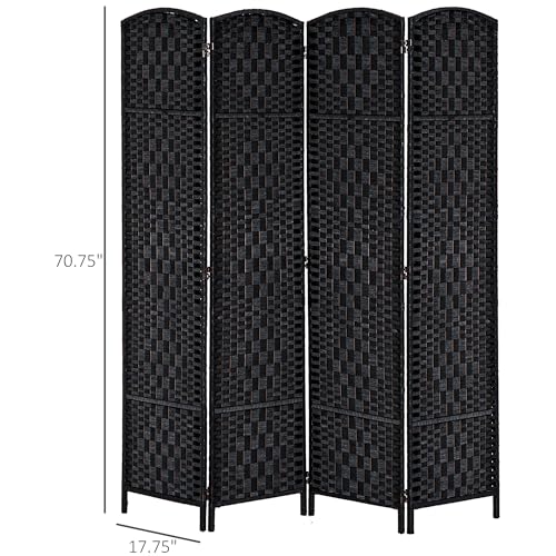 HOMCOM Room Divider 4-Panel, 6FT-Tall Folding Privacy Screen, Black | Freestanding Partition, Hand-Woven Design, for Room Separation, 360° Hinges, Paper Rope Diamond Weave - color: Black, size: 4 Panel