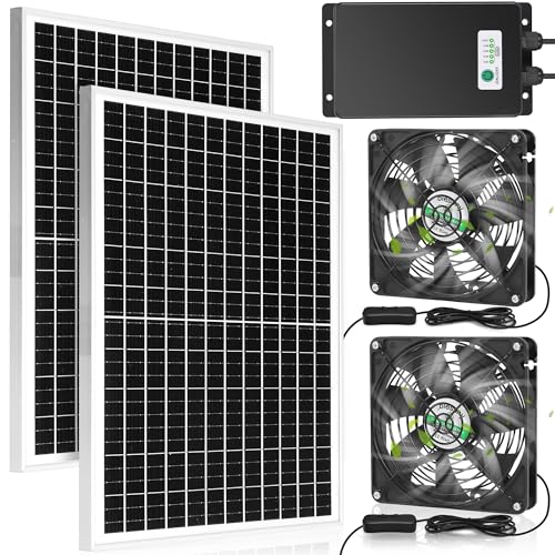 blessny 5.5" Solar Rechargeable 2 Fan Kit for Outside Intake or Exhaust air | 50W Solar Powered Fans for Chicken Coops, Greenhouses, Shed, Pet House Air Ventilation - size: 2 Fan Large Kit