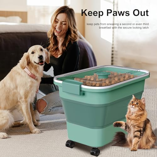 Dog Food Storage Container, 15-23 Lbs Collapsible Dog Food Container with Transparent Airtight Lid, Wheels and Scoop, Travel Pet Food Storage Container for Cat, Dog and Bird, Keep Dry Food Fresh - color: Green