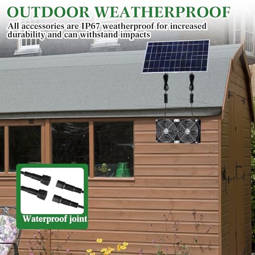 Glooglitter 20w Solar Powered Fan Kit for Chicken Coop IP67 Waterproof Dual Solar Greenhouse Fan 3500 RPM High Speed Exhaust Fan with 10ft Cable for Shed Pet House Window Outside Inside(1 Set)