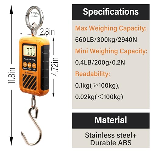 UNIWEIGH Digital Hanging Scale,Mini Crane Scale 300kg/660lb with Hold&Tare | Postal Luggage Scale with LCD Display,Portable Handheld and Large Hook,Deer Scale for Garage Farms Hunting Fish Travel Hays
