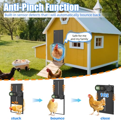 Automatic Chicken Coop Door Opener, Battery Powered & Anti-Pinch Sensor | Aluminum Alloy Door, Large LCD Display, Smart Timer, Waterproof, Auto Open/Close for Hens, Ducks, Geese Poultry
