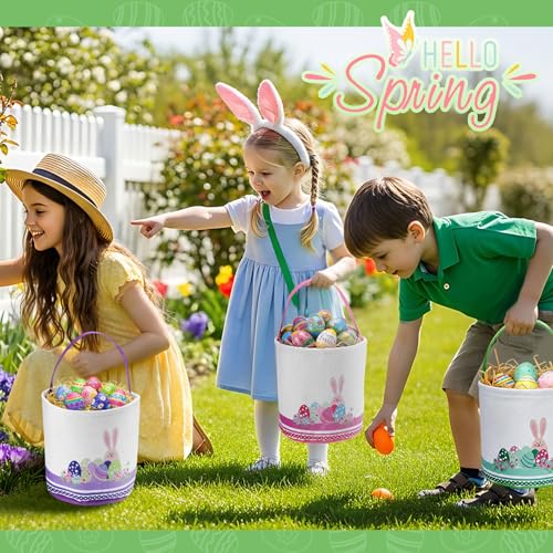 Honeydak 4 Pcs Easter Baskets for Kids Bunny Easter Egg Hunt Bags Canvas Tote Gift Bags Egg Buckets with Handles for Eggs Hunt, Toys, Candy, Gifts Party Favors(Bunny Eggs) - style: Bunny Eggs