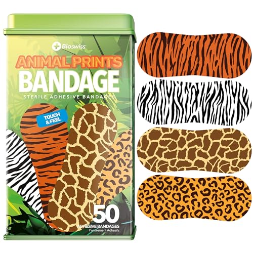 BioSwiss Bandages, Animal Print Shaped Self Adhesive Bandage Set, Latex Free Sterile Wound Care, 50 Count - size: 50-Count Tin, style: Animal Print