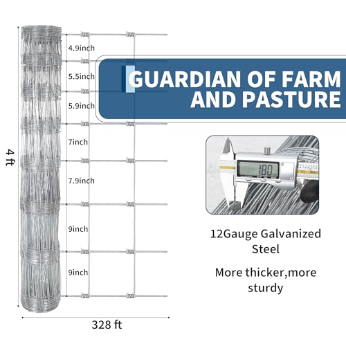 Garvee Farm Fence 4ft x 328ft Galvanized Wire for Livestock Deer Goat Hog | Rustproof Barrier for Cattle, Deer, Goat, Yard & Pasture Livestock Protection ﻿ - size: 4 x 328FT